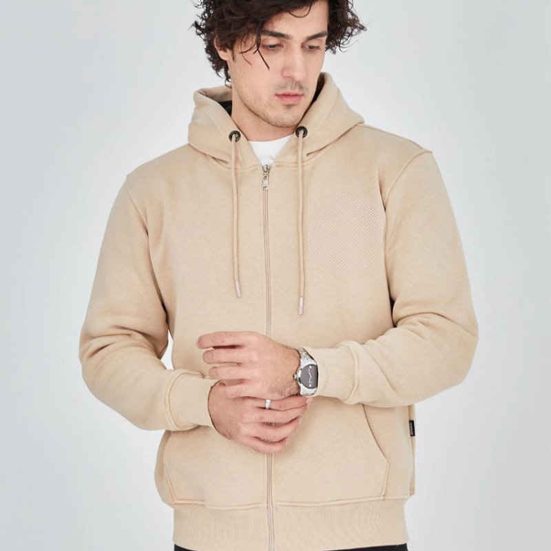 Tam Fermuarlı Kapşonlu  SweatShirt - Bej -